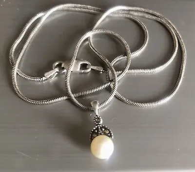 SALE Vtg Akoya Pearl Marcasite Sterling Silver Pendant 18” 925 Snake Chain 6.1g • $14.99