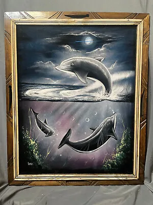 Black Velvet Painting Dolphins In Ocean At Night 19x23 Wood Frame Made In Mexico • $44.99