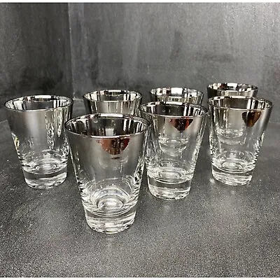 Vintage Set Of Seven Mid-Century Silver Fade Barware Shot Glasses 3.5” • $50