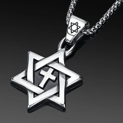 Mens Hexagon 6 Point Star Of David Cross Pendant Necklace Stainless Steel • $9.79