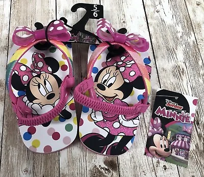 New Little Girls Minnie Mouse Flip Flops Sandals Rainbow Strap Pink Bow Size 5-6 • $10.99