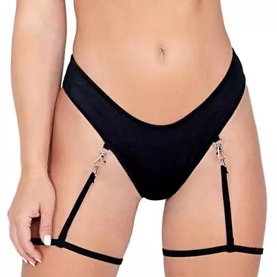 Bikini Garter Shorts Low Rise Thong Back Detachable Snap Hooks Black 3981 • $30.59