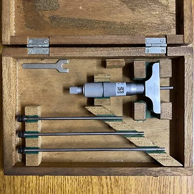 Mitutoyo 129-127 Depth Micrometer Gage W/ 4 Depth Rods 0-4” Range & Wrench Set • $115