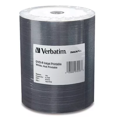 Verbatim DVD-R 4.7GB 16X DataLifePlus White Inkjet Printable - 100pk Tape Wrap • $47.66