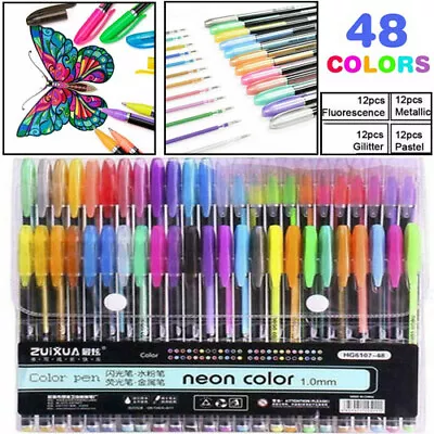 UK 48 Gel Pen Set Metallic Pastel Glitter Neon Gel Pens For Adult Colouring Book • £8.99