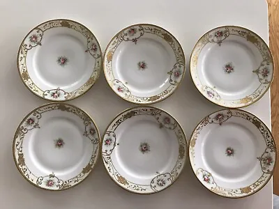 SET OF 6 Moriyama Nippon 6 1/4” White Plates W/Raised Gold & Pink Roses • $19.88