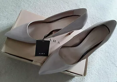 Zara Nude Patent Leather High Heel Pointed Toe Court Shoes Fit Size UK 5.5 BNIOB • £35