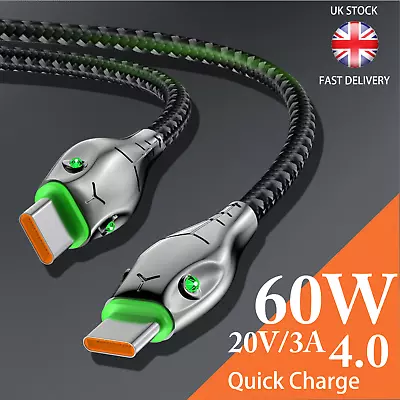 Type C To Type-C Cable PD 60W Fast Charger Braided USB Lead LED For Samsung 1-3M • £3.95