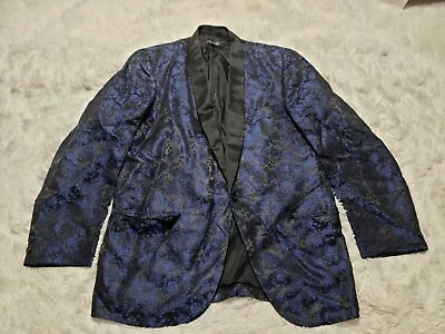 Blue Floral Rose Brocade First Nighter Smoking Tuxedo Jacket Elvis Rat Pack VTG • $39.99