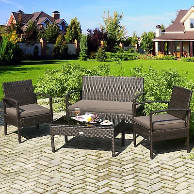 Costway 4PCS Outdoor Patio Rattan Furniture Set Cushioned Sofa Coffee Table Deck • $199.98