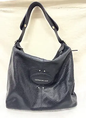 Longchamp Auth VTG Shoulder Bag Hobo Black Crosshatch Leather Purse Single Strap • $110