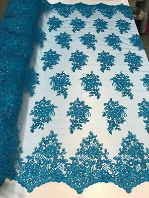 Flower Lace Fabric - Teal - Floral Sequins Embroidery Mesh Fabrics • $22.12