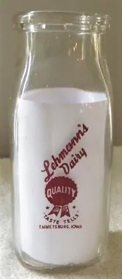 Vintage Lehmann's DairyCow Milk EmmetsburgIowa IA Small Half Pint MILK BOTTLE • $39.99