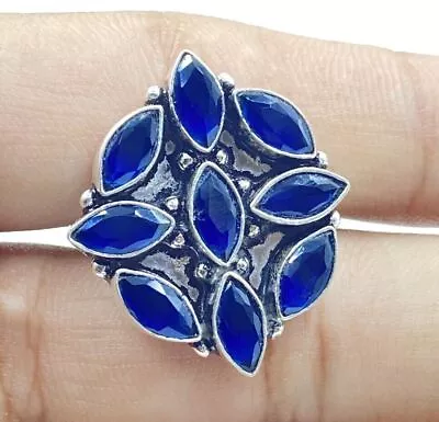 925 Sterling Silver Blue Tanzanite Gemstone Jewelry Flower Adjustable Ring • £5.99