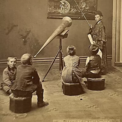 Antique Stereoview Photograph Card Children Astronomy Moon Stars Telescope • $304.95