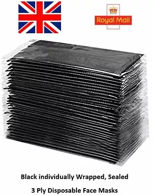 Black Individually Wrapped Sealed Disposable 3 Ply Surgical Face Masks Covers • £2.15