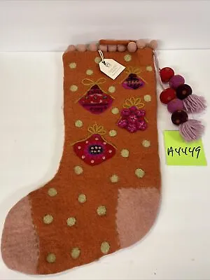19” French Knot Lindsay Mason Orange Floral Wool Hand Felt Christmas Stocking • £34.76