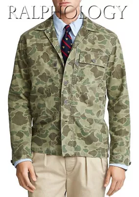 Polo Ralph Lauren Mens Camo Herringbone Vintage Faded Military Over Shirt Jacket • $98.97