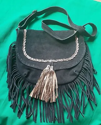 Black Suede With Gold Trim Sadle Bag Tassel Lined Long Strap. 11  X 10 .  • £25