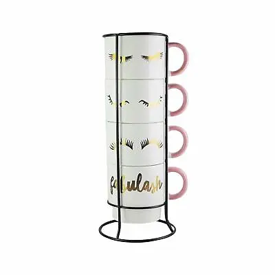 American Atelier Ceramic (4) 14 Oz Mug & Metal Rack Set For Tea & Coffee White • $14.99