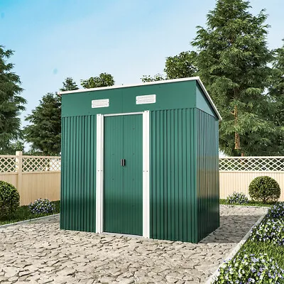 4x6ft Green Metal Garden Shed Pent Roof Outdoor Storage Shed Small House W/ Base • £185.95