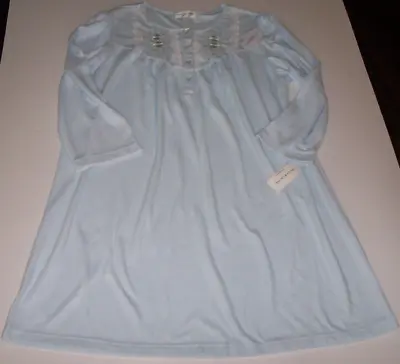 NWT Miss Elaine BLUE Pointelle CUDDLEKNIT 40  Nightgown 2X WHITE LACE/FLOWERS • $37.99