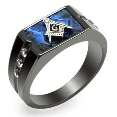 Mens Masonic Ring Black Silver Blue Diamond Signet Pinky • £19.95