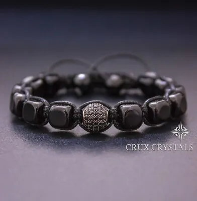 Men's Black Onyx Cube Shape Shamballa Style Beaded Gemstone Bracelet Yoga Wrap • $48