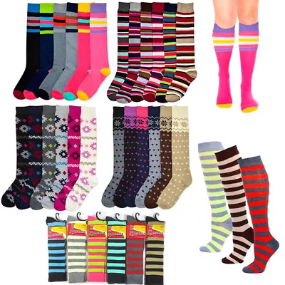 3 Pair Womens Girls Knee High Socks Lot Multi Pattern School Soccer Stripes 9-11 • $7.89