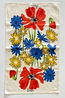 Vintage Vera Neumann Linen Kitchen Tea Dish Towel Red Poppies Daisies 1960’s MCM • $35