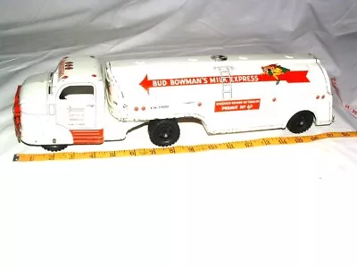 * 1950s MARX BUD BOWMAN MILK EXPRESS TANKER TRUCK TIN-LITHO 17 1/2in LONG RARE ! • $62.61