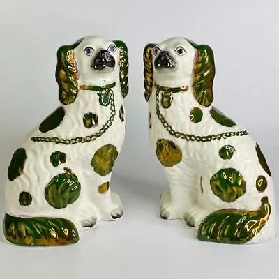 Antique Pottery Pair 19thc Staffordshire Wally Mantle Spaniel Dogs Copper Lustre • £195