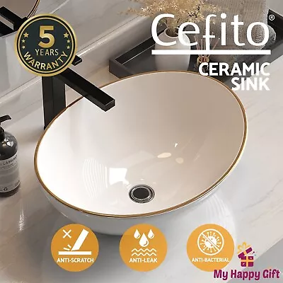 Cefito Bathroom Basin Ceramic Vanity Sink Hand Wash Bowl Gold Line 41x34cm • $74.32