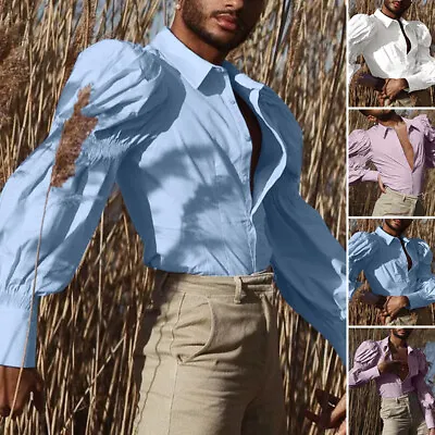 Fashion Mens Buttons Open Puff Sleeve Tops V Neck Casual Solid Shirt Blouse Plus • $20.97