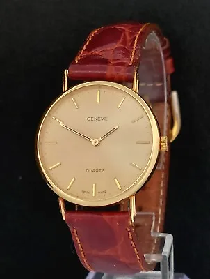 Vintage 14k Solid Yellow Gold Geneve Ladies Quartz Italy Watch 30mm Leather Band • $799