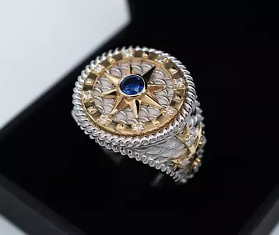 Solid Gold Ring 14K Lab Sapphire And Diamond 0.6CT Unique Men's Ring Sea Compass • $3831.60