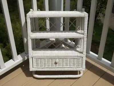 Wicker Rattan White Wall Shelf Cabinet 2 Shelves Towel Bar 19  Wide 7  Deep • $119