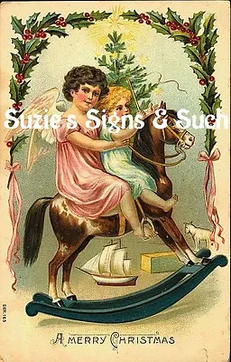 Vintage Christmas Fabric Block Victorian Children On Wooden Rocking Horse • $8.99