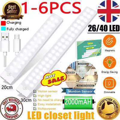 LED PIR Motion Sensor Strip Lights USB Rechargeable Magnetic Cabinet Closet Lamp • £12.89