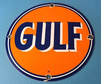 Vintage Gulf Gasoline Sign - Porcelain Enamel Gas Filling Pump Station Sign • $138.37