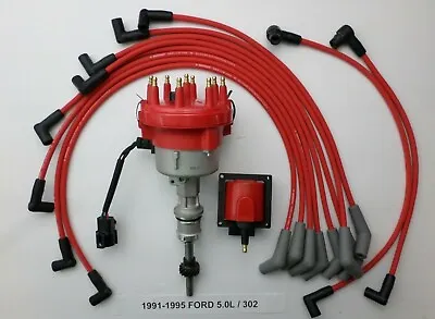 1991-1995 Ford 5.0l 302 Efi Distributor + 45k Coil + Red  Spark Plug Wires Usa!! • $184.36