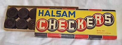 Vintage Halsam Wooden Checkers-Set #145H-24 Pieces-IOB Complete Black/Red Stars • $12