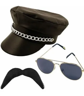 YMCA Village People 80s PVC Peak Cap Sunglasses Handlebar Tash Fancy Dress • £13.99