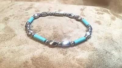 Women's Men's Silver Hematite Magnetic Turquoise Single Bracelet Or Anklet • $31.99