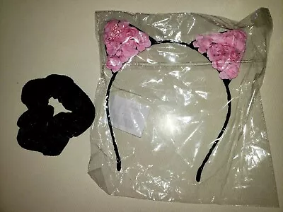 Girls NEW WIRE BLACK CAT EARS HEADBAND Pink Roses In Ears BLACK TWISTIE VELVET  • $3.96