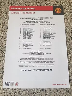 TEAMSHEET UNDER-21 PREMIER LEAGUE MAN UTD V SPURS 4th Jan 2016 • £1.29