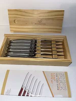 Wolfgang Puck 6 Pc 4.5  Steak Knife Set With Opaque Handles Wooden Storage Box • $19.99
