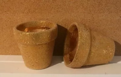 SET 2 VINTAGE GOLD GLITTER Terra Cotta Flower CLAY POTS 3.5  X 3.5   • $14.95