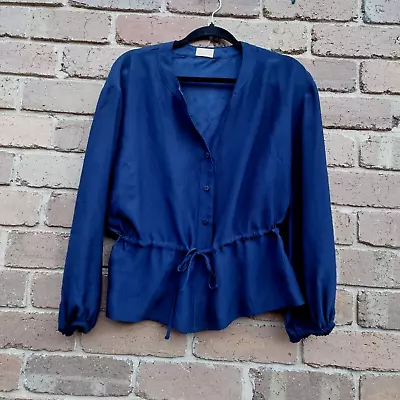 Gorman Blue Long Sleeve Blouse Size 10 Textured Silk Tie At Waist • $38