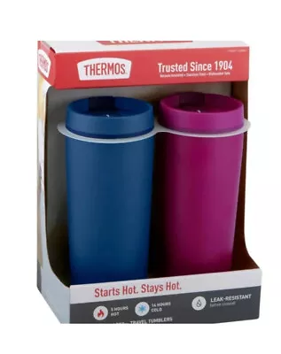 NIB THERMOS 2 PACK Pink Blue 18 Travel Tumbler Hot Cold Stainless Steel Coffee • $13.89